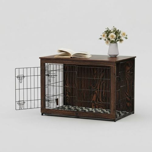 Megidok Wooden Dog Crate End Table, Rustic Style