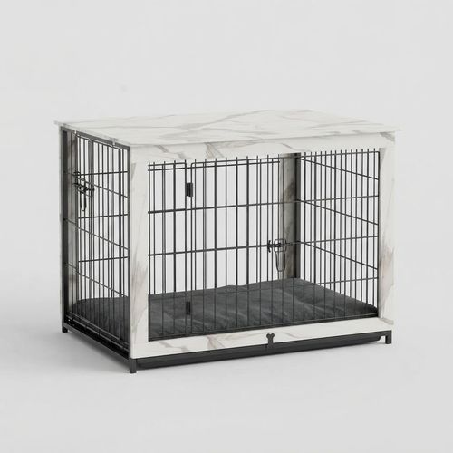 Megidok Wooden Dog Crate End Table, Marble White