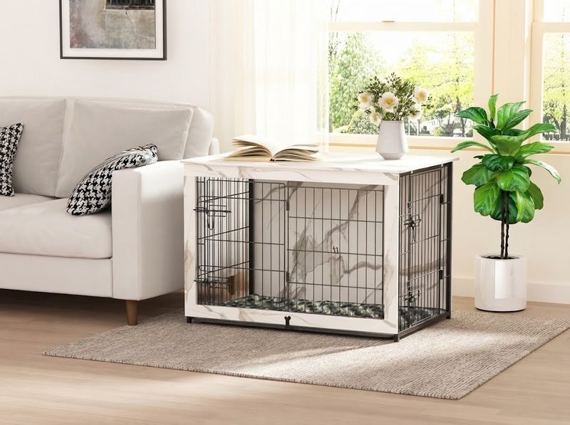 Megidok Wooden Dog Crate End Table, Marble White