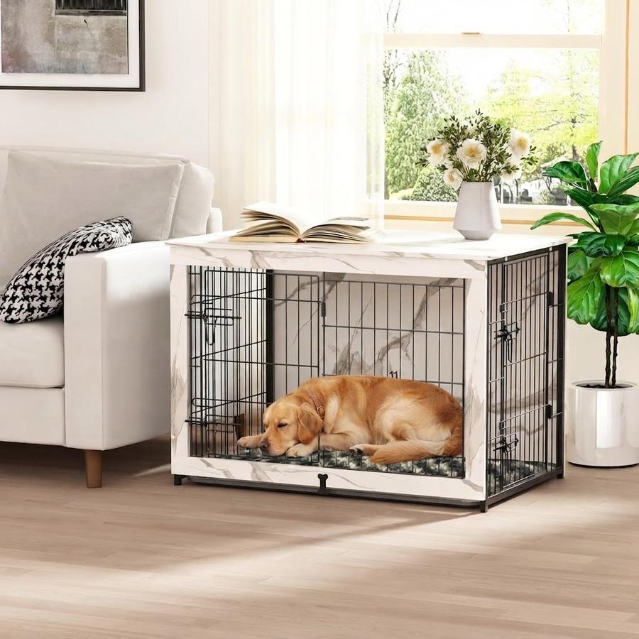 Megidok Wooden Dog Crate End Table, Marble White